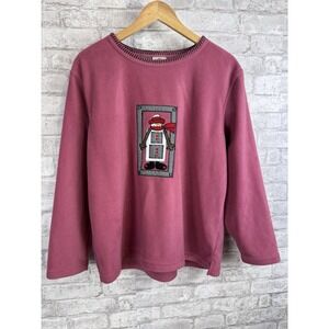 Vintage Jenny Buchanan Embroidered Fleece Pullover Sweatshirt Snowman Pink Large
